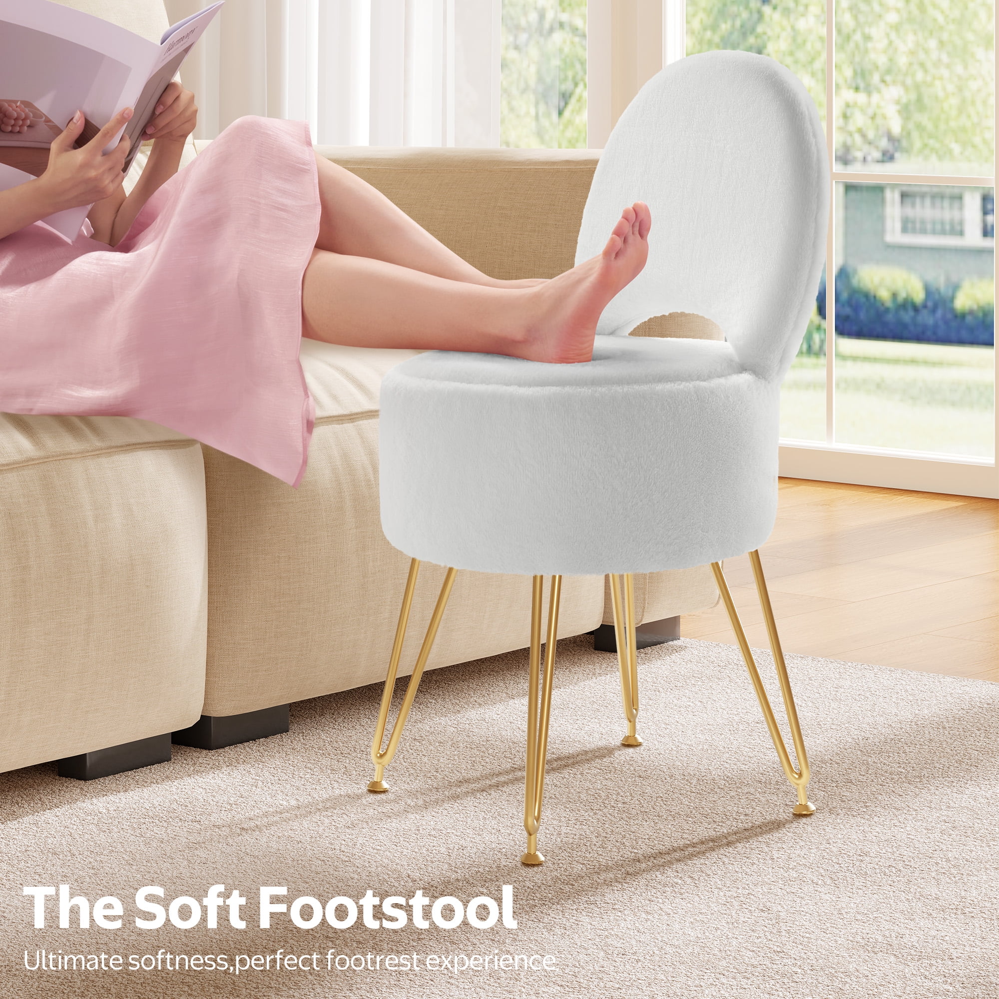Greenstell Round Storage Ottoman, 12.9”L x 12.9”W x 17.6”H Upholstered Vanity Faux Fur Chair with Lumbar Support, Small Foot Stools Coffee Table Padded Seat for Makeup Room (White)