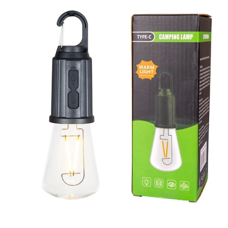 Festive Living Rechargeable Camp Light, Warm White LED Conical Bulb, Battery Powered with USB-C Recharging and Carabiner Hook, 3 Brightness Levels