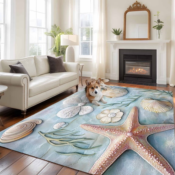 6'x9' Area Rugs, Coastal Starfish Indoor Outdoor Area Rug for Living Room Bedroom, Summer Beach Nautical Shell Coral Washable Bathroom Rugs Kitchen Floor Carpet Mats Home Decor Aesthetic