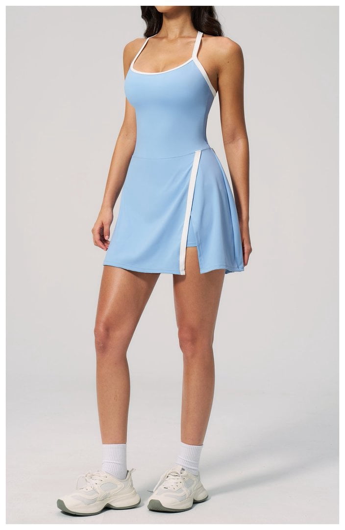 PISONIC Womens Workout Athletic Mini Dress with Built-in Shorts Sleeveless Cutout Tennis Dress