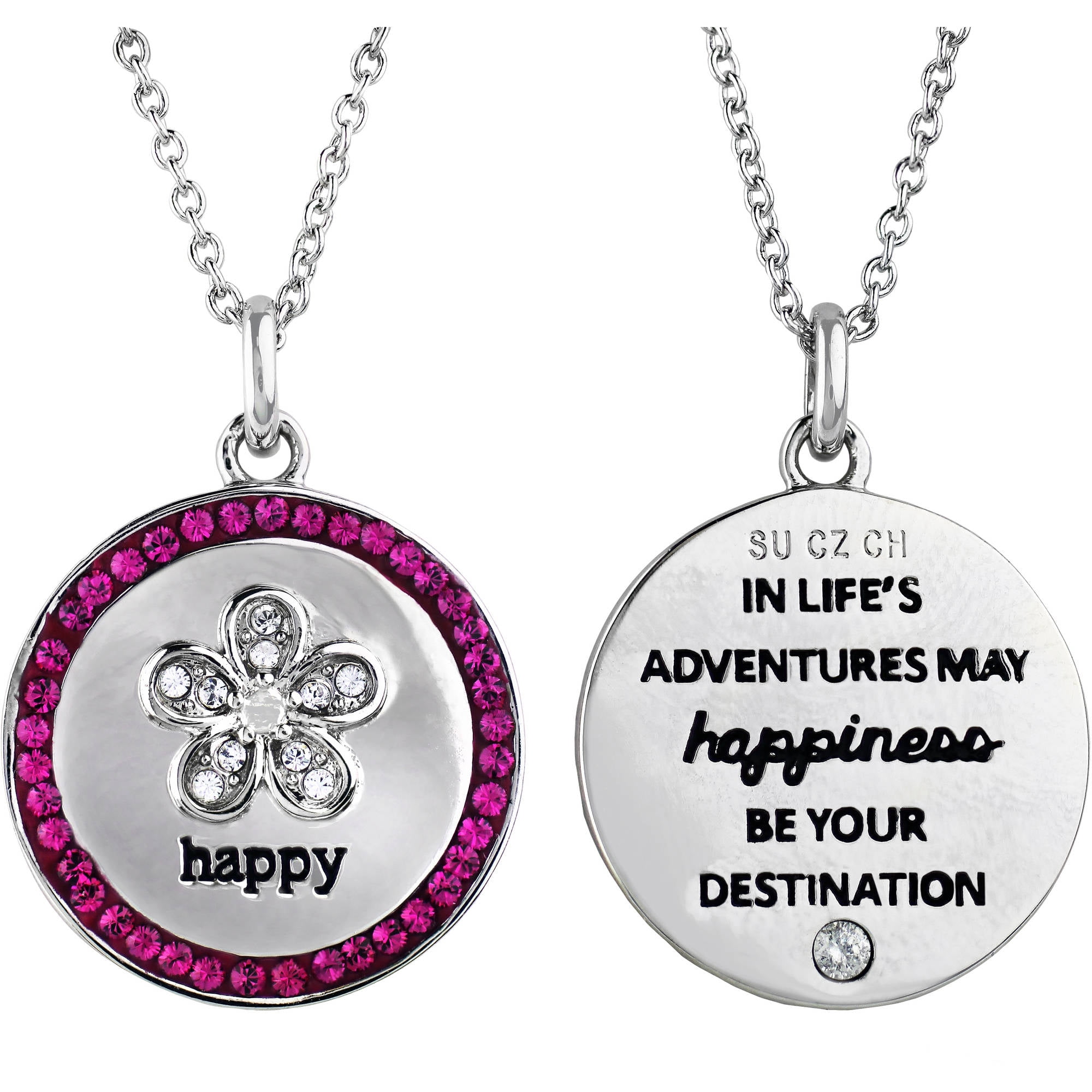 Truly Inspired Truly Inspired Clear And Pink Swarovski Crystal Silver Plated Happy Flower In Life S Adventures May Happiness Be Your Destination Round Pendant 18 With 2 Extender Walmart Com Walmart Com