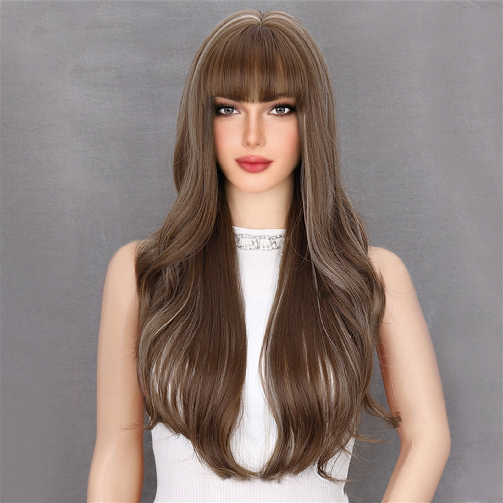 Long Brown Mixed Blonde Natural Wavy Wig Synthetic Wigs with Bang for Women Daily Cosplay Use Heat Resistant Hair