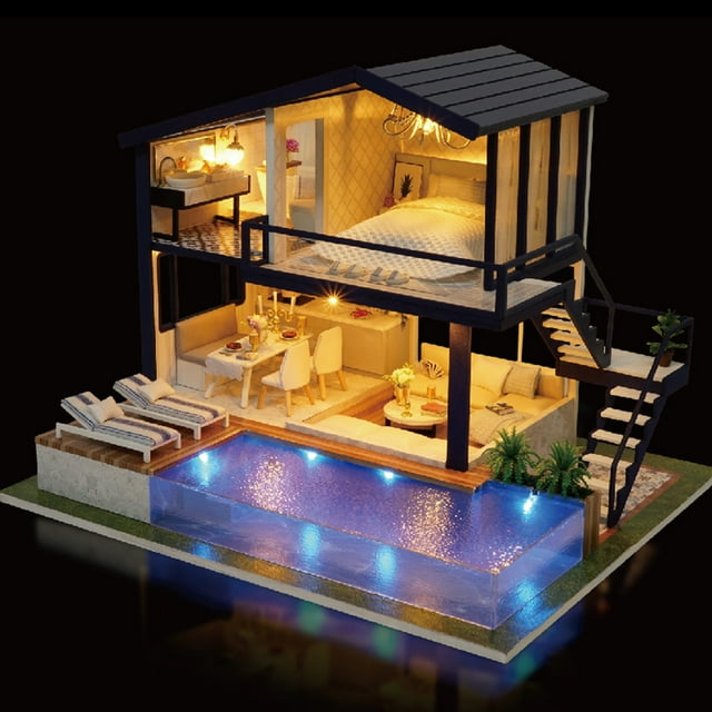 Casa de Muñecas en Miniatura Con Piscina, Kit de Modelos Diy Para El Hogar, Con Diseño delicado y Moderno