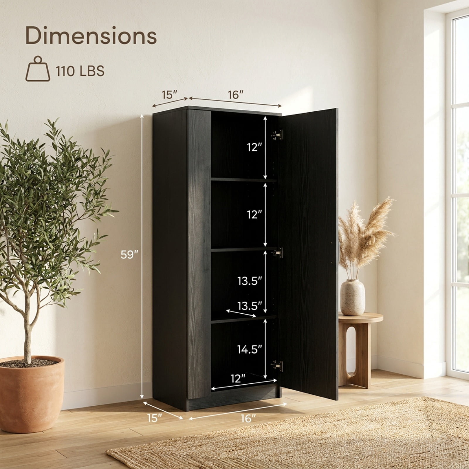 Vebreda Tall Bathroom Storage Cabinet with 4 Shelves, 59 in Narrow Freestanding Floor Cabinet with Soft-Close Door and Anti-Tip Kits, Black