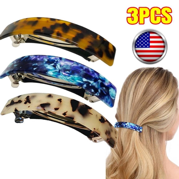 3 Pack Large French Barrettes for Women Fine Thick Hair, Classic Tortoise Shell Hair Clips Wide Curved Celluloid Ponytail Holder Clamp