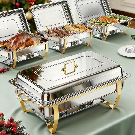 4 Pack Chafing Dish Buffet Set 9QT Stainless Steel Chafing Dishes, Single/Double/Triple Compartment, Buffet Server Food Warmer for Buffet, Birthday, Holiday Parties, and Family Gatherings-Semi-gold