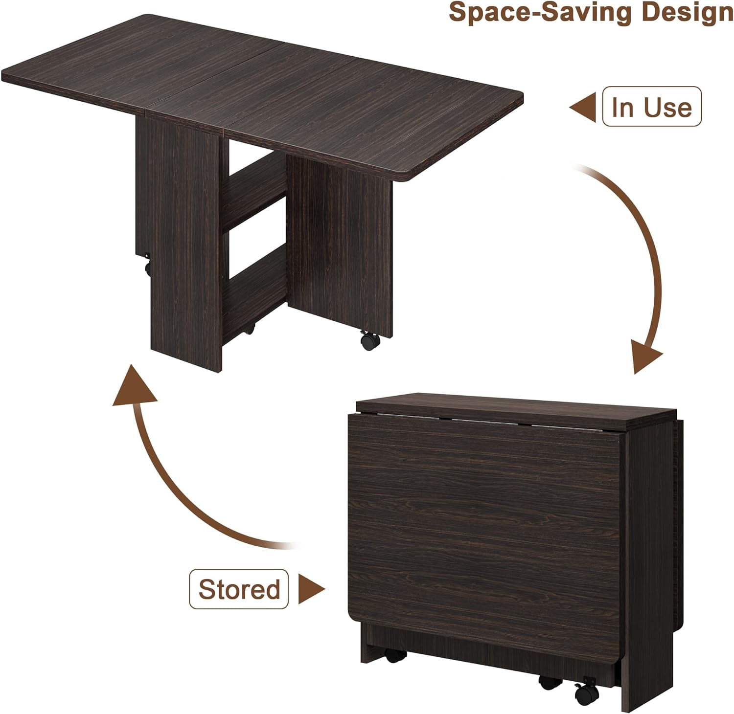 GAOMON Space-Saving Folding Dining Table with Drop Leaf, 6 Wheels & 2-Layer Storage Shelf, Versatile Table for Small Apartments, Dark Walnut