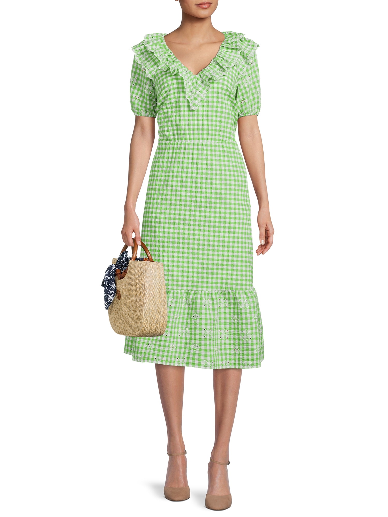 The Get Women's Eyelet Ruffle Midi Dress with Short Sleeves