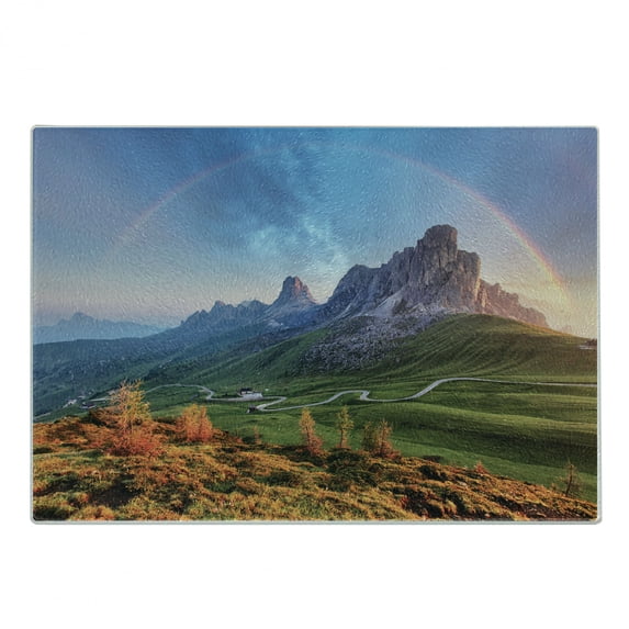 Landscape Cutting Board, Picture of Alps with a Rainbow and Green Field Mountain Range in the Morning, Decorative Tempered Glass Cutting and Serving Board, Small Size, Multicolor, by Ambesonne