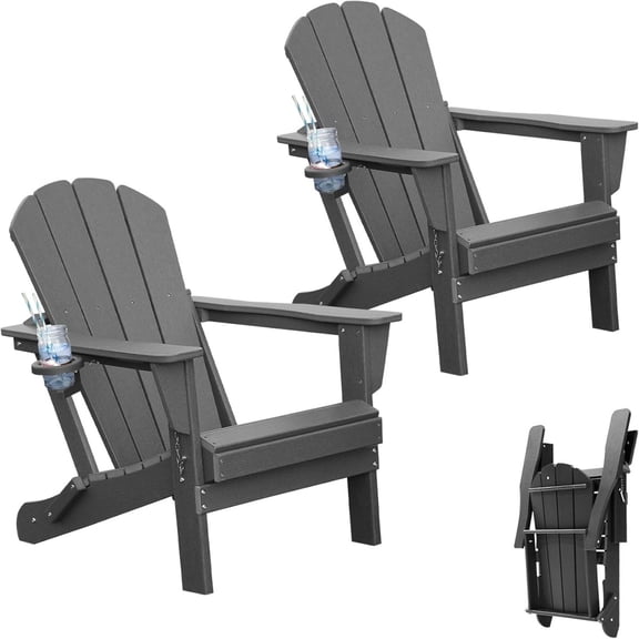 TOPCOMFY Adirondack Chair Set of 2 Folding All-Weather HDPE Plastic Outdoor Patio Lawn Fire Pit Seating with Cup Holder Gray