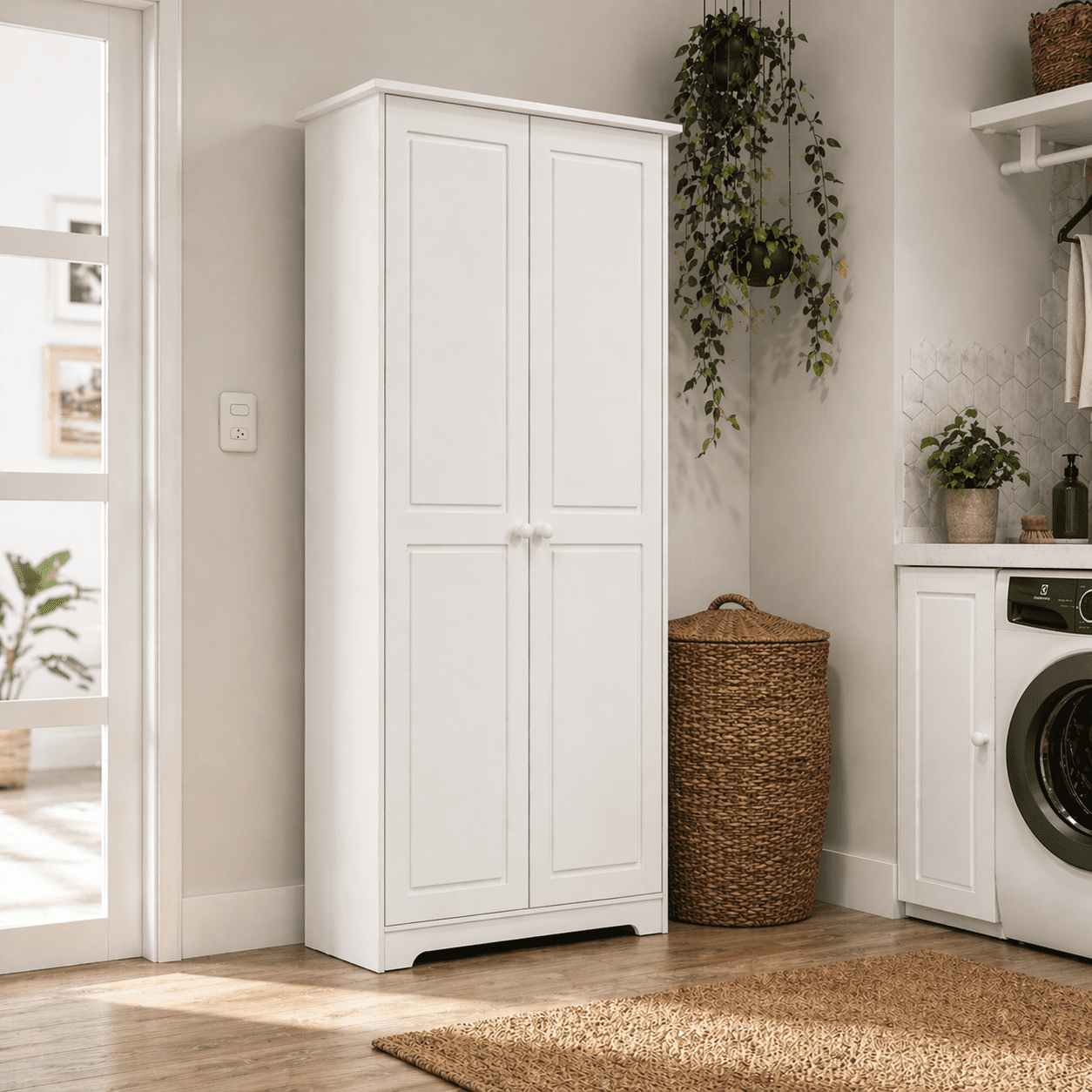 From the Tree Furniture Pantry Cabinet with Adjustable Shelves, Solid Pine Wood, White, 2 Doors