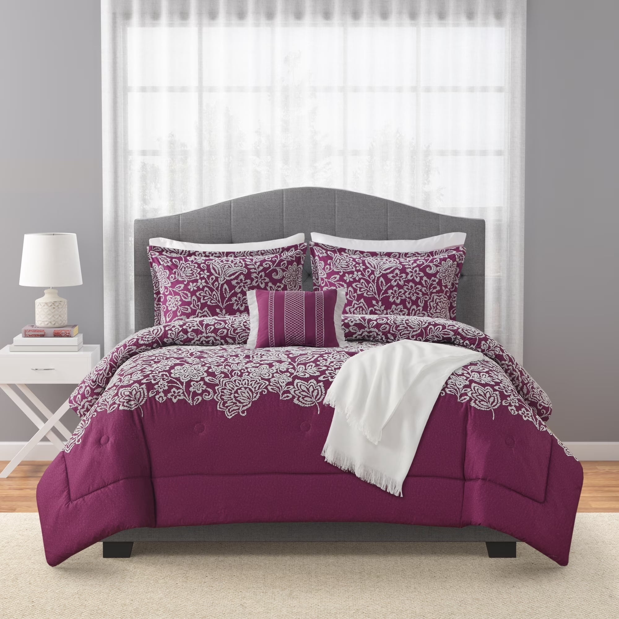 Mainstays 5-Piece Jacquard Comforter Set with Decor Pillow and Throw Purple Flocking Embroidery Bedding Set, Full/Queen