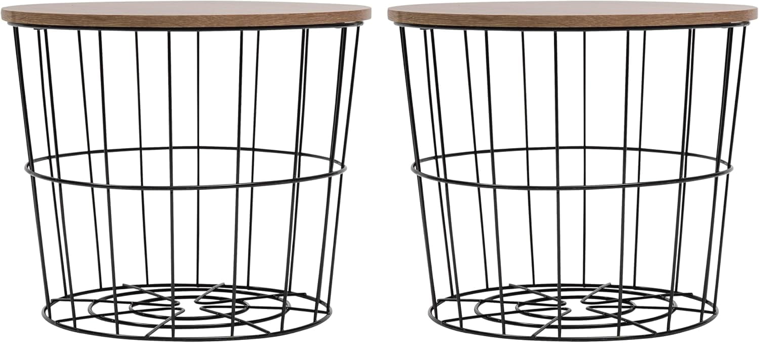 IRIS Round Wire Basket with Wooden Lid, Potato Onion Vegetable Storage, Nestable Storage Bins, 2Pk