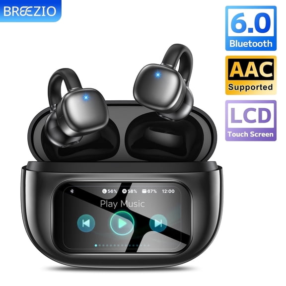 Open-Ear Headphones, Wireless Clip On Earbuds with Touch Screen Charging Case 60H Playtime, Bluetooth 6.0, IPX7 Waterproof, Lightweight Comfort, Stable Fit, Open-Ear Safety Design for Workout/Running