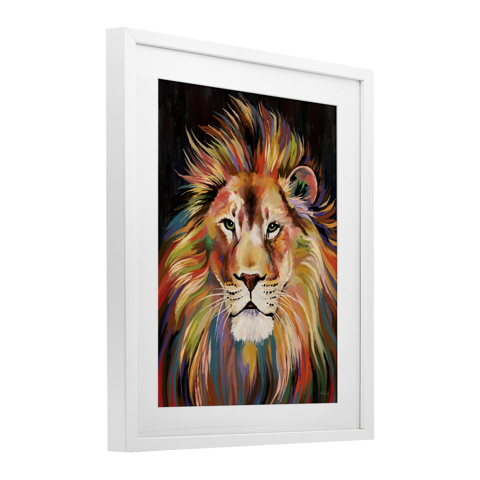 Stupell Industries Vibrant Majestic Rainbow Lion White Framed Print Under Glass, design by Cat Thurman Designs