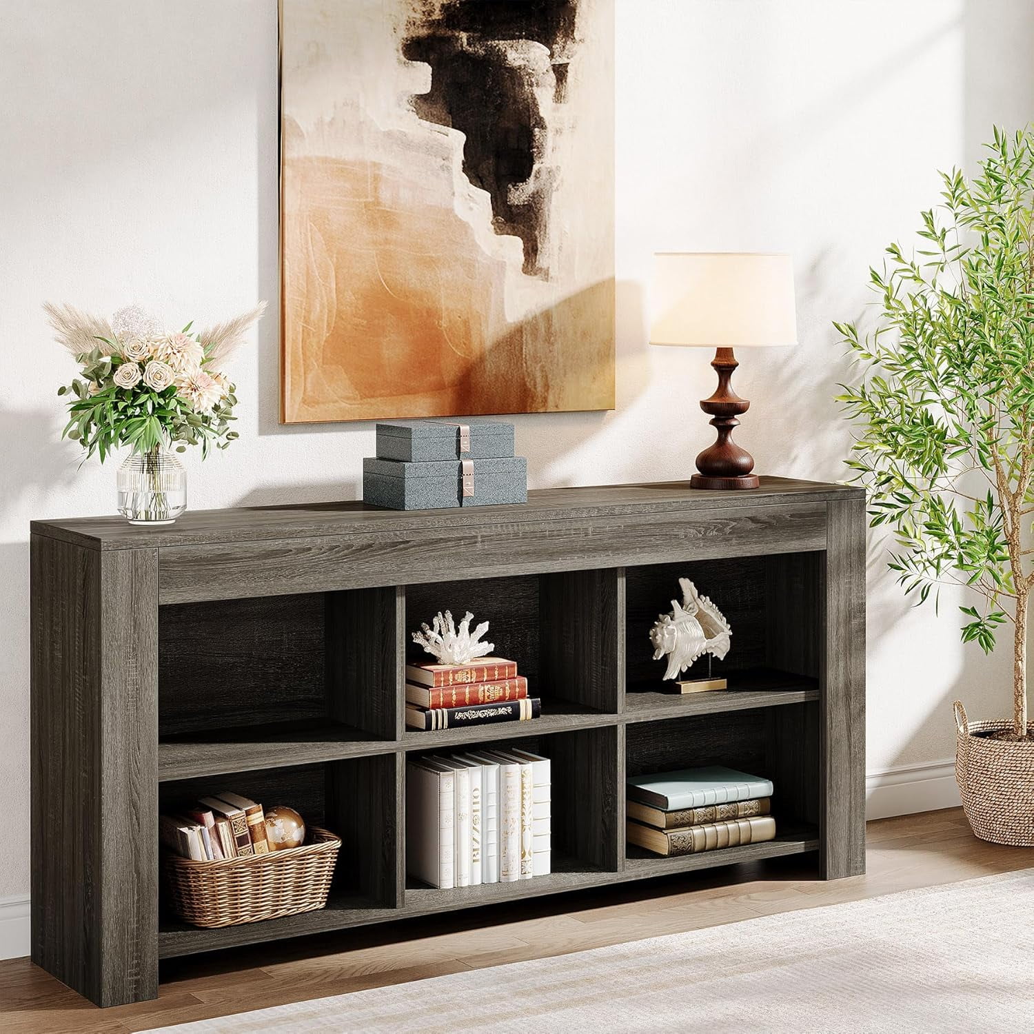 Tribesigns 6-Cube Horizontal Bookshelf – Industrial Low Wide Bookcase for Home Office or Living Room