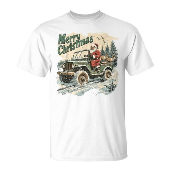 SR Retro Christmas Santa Driving Military Truck Reindeer T-Shirt