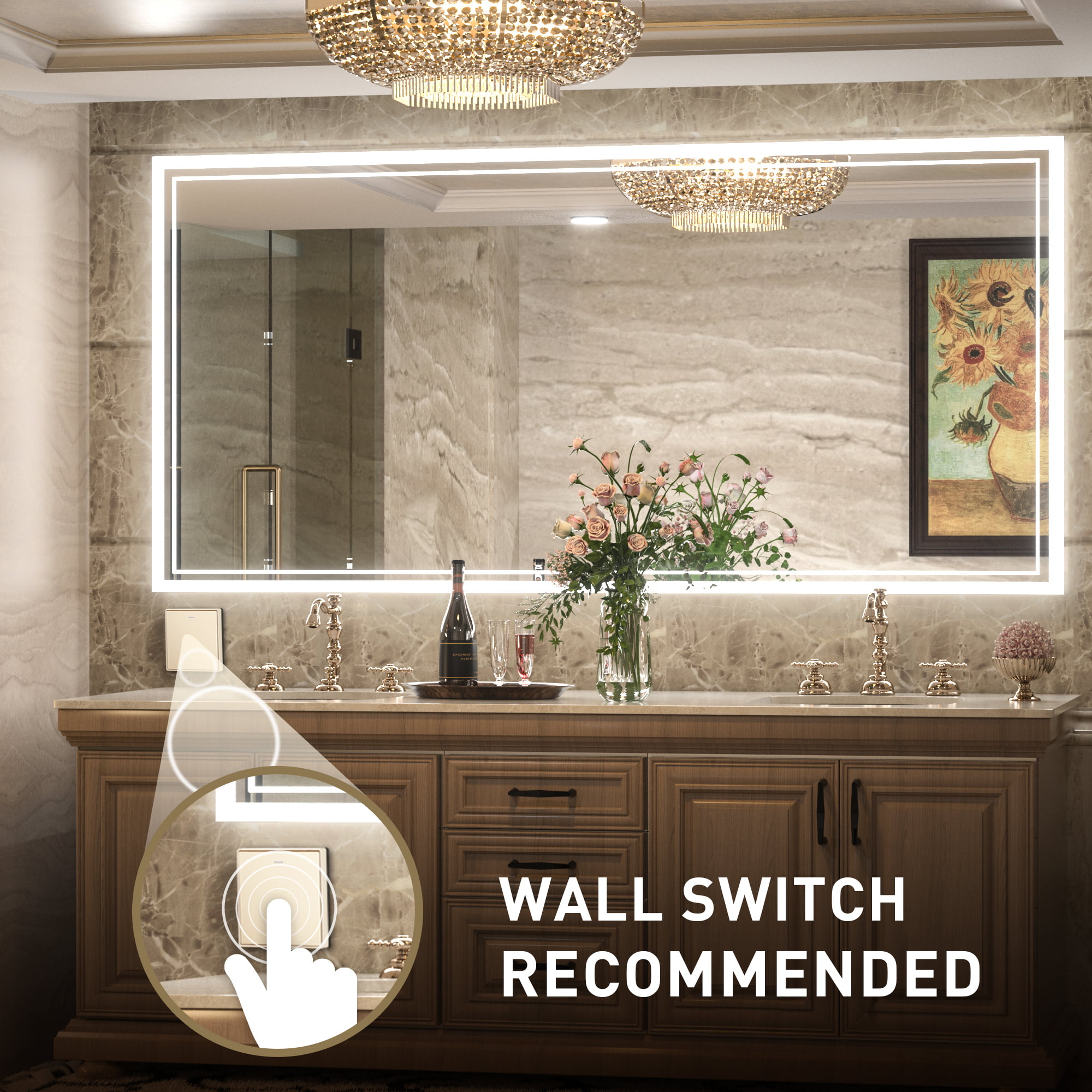 Keonjinn 72 x 36 inch LED Bathroom Mirror, Frontlit Bathroom