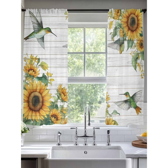 Sunflower Sheer Curtains for Living Room Bedroom Hummingbird Yellow Summer Botanical Wooden Sheer Curtains 63 Inch Long 2 Panels Set Light Filtering Curtain Window Treatments Drapes for Dining Room