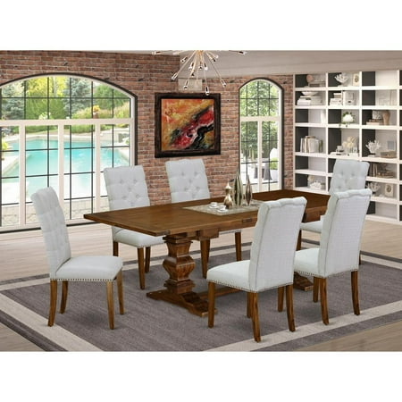 East West Furniture 7-piece kitchen table set with Chair’s Legs and Modern Gray Linen Fabric