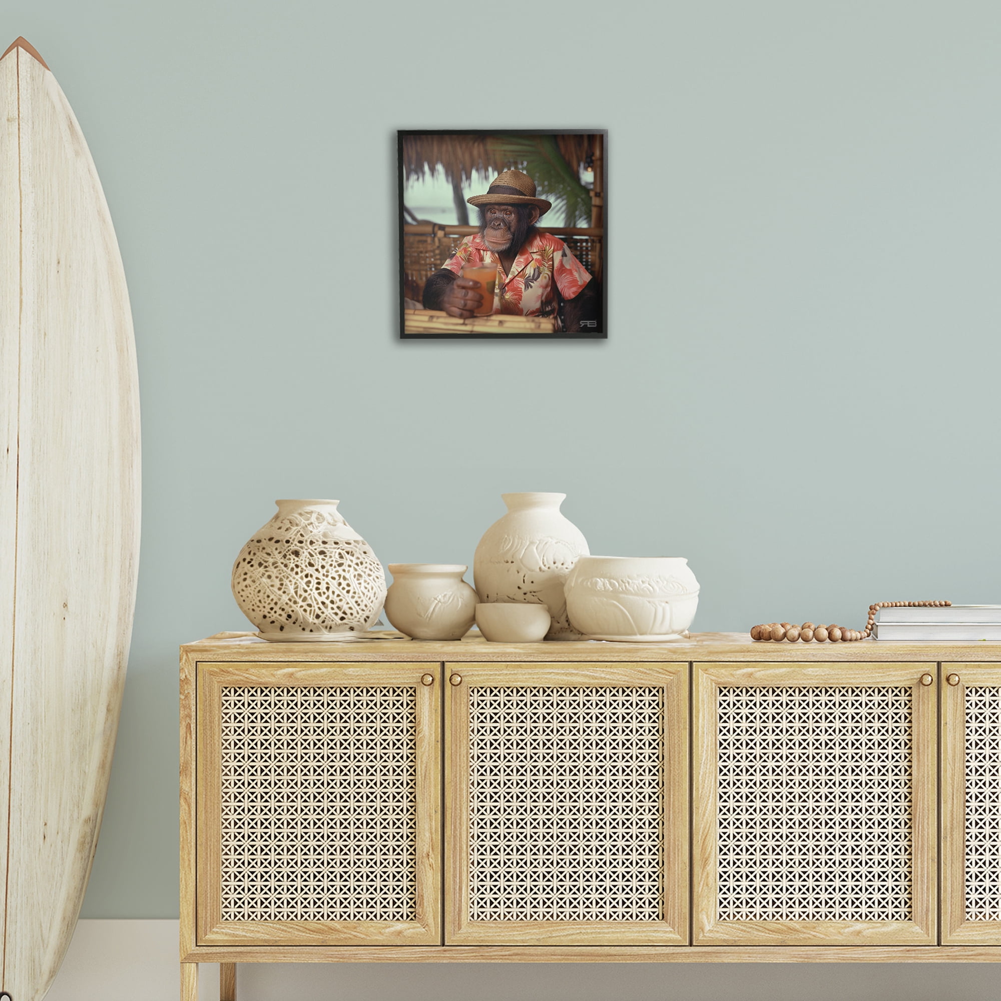 Stupell Industries Tropical Vacation Monkey Novelty Painting Black Framed Art Print Wall Art, 17 x 17