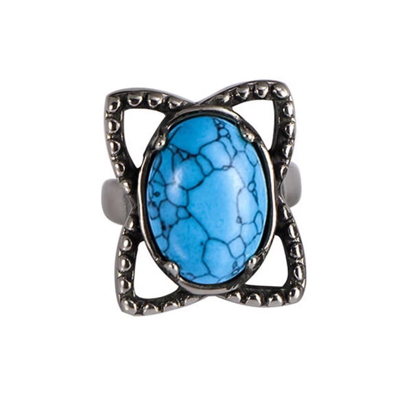 PAMTIER Men's Women's Stainless Steel Personalized Vintage Flower Oval Gemstone Ring Silver Lake Blue Size 12