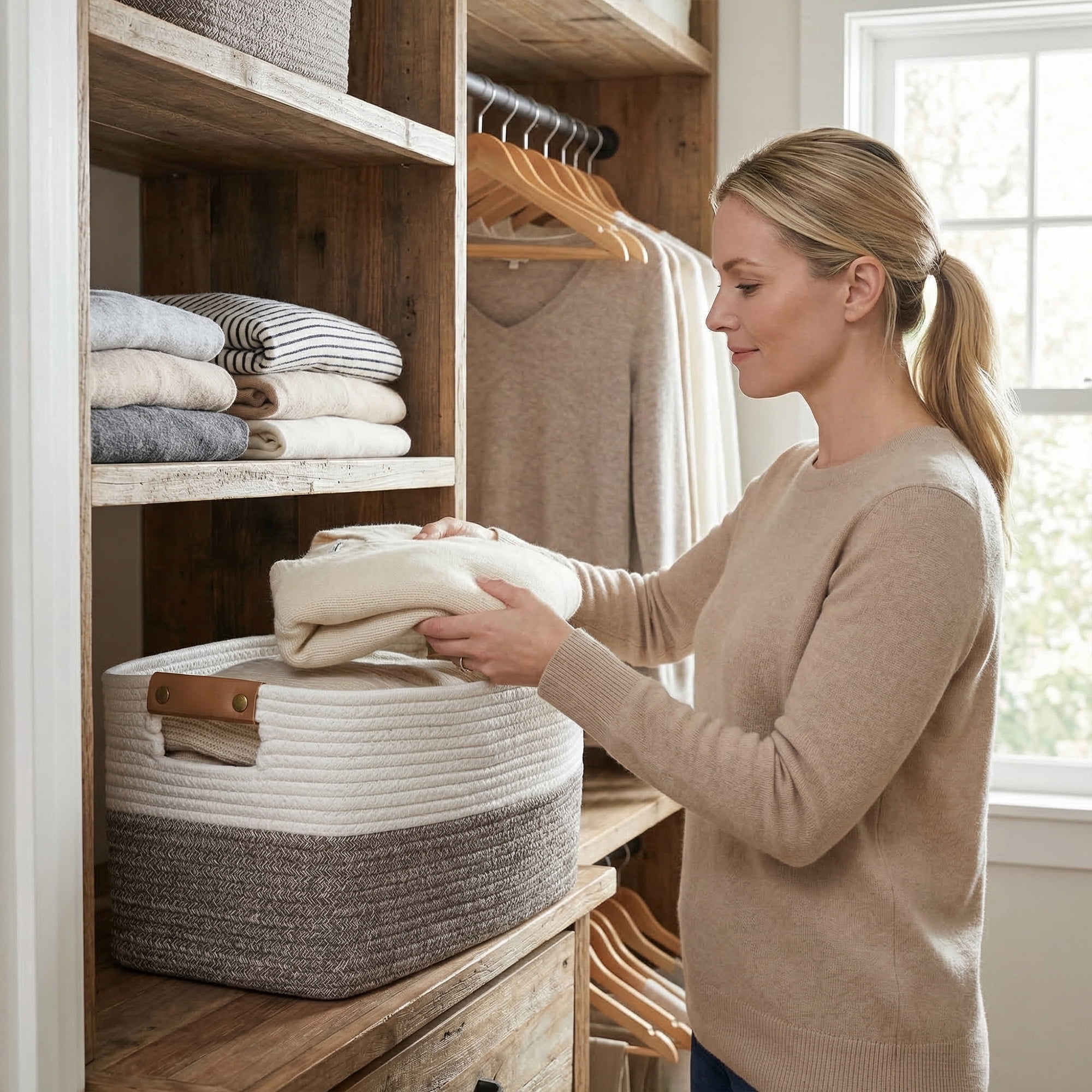 Unique Bargains Woven Large Shelf Closet Storage Bin White Brown 18.9*11*9.1in