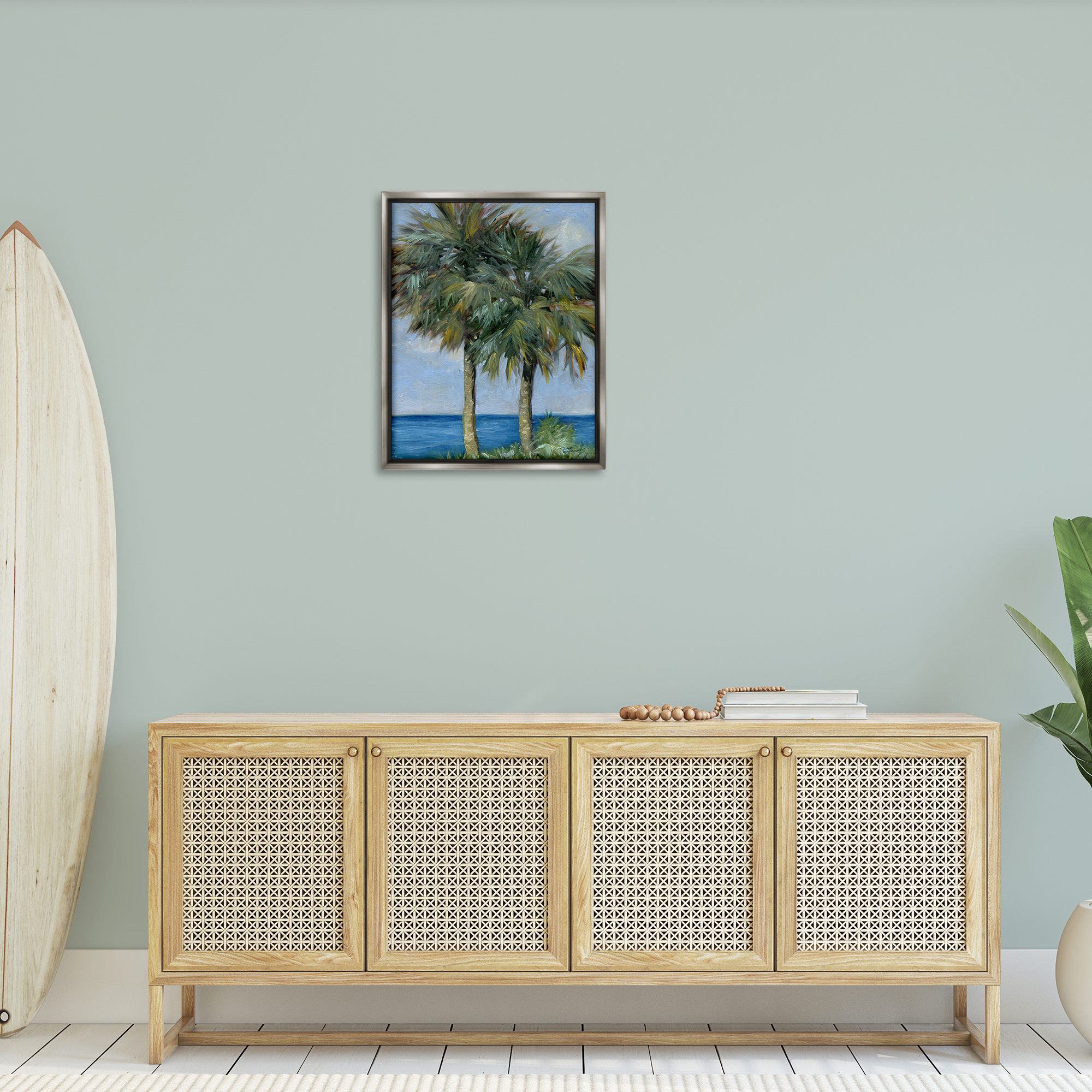 Stupell Industries Full Brushed Palms Landscape Painting Gray Floater Framed Canvas Art Print Wall Art, 25 x 31