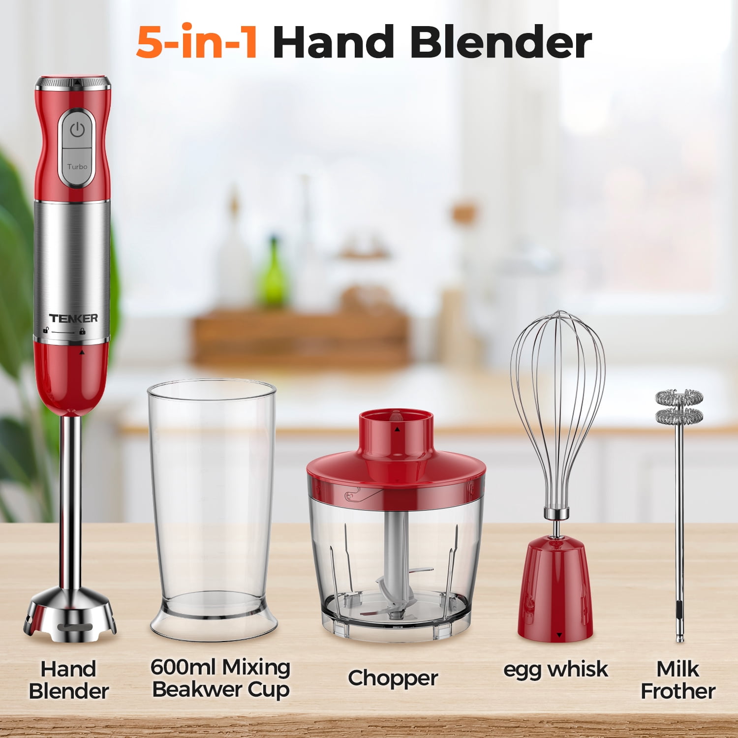 450W Immersion Blender 5 In 1 Electric Hand Blender 30 Speed Mode With Mixing Beaker Chopper Whisk Milk Frother For Kitchen Food Prep Baby Food Making 24Oz Cup 17Oz Bowl Stainless Steel Blades