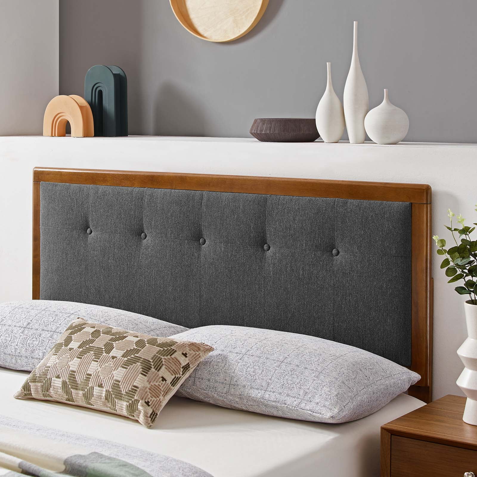 Modway Draper Tufted King Fabric and Wood Headboard in Walnut/Charcoal