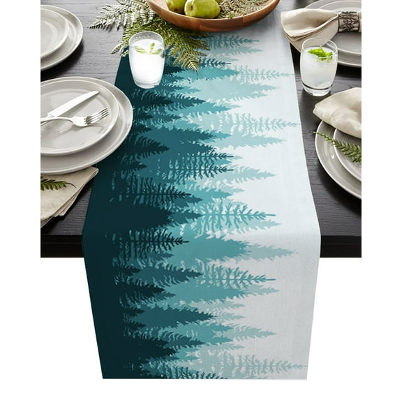 Table Runner Dresser Scarves 90 Inch Long, Tree Forest Shadow Botanical Plants Linen Dining Table Runners Teal Gradient on White Tabletop Scarf for Wedding Holiday Party Kitchen