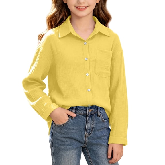 Ltctricy Unisex Kids Button Down Shirts Collared Dressy Blouses Toddler Long Sleeve Tops for Boys and Girls(Yellow,13 Years)