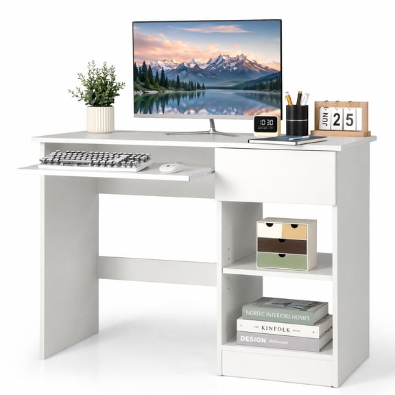 42.5" Computer Desk with CPU Stand& Keyboard Tray, Wooden Laptop PC Work Table with Drawer for Home Office, White