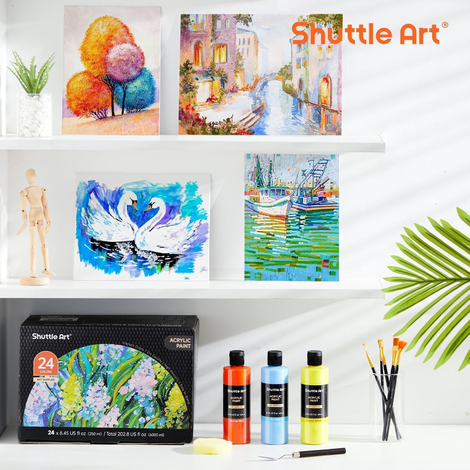 Shuttle Art Acrylic Paint, 24 Colors Acrylic Paint Bottle Set, 250ml/8.45oz Each, Rich Pigments, High Viscosity, Bulk for Artists and Beginners