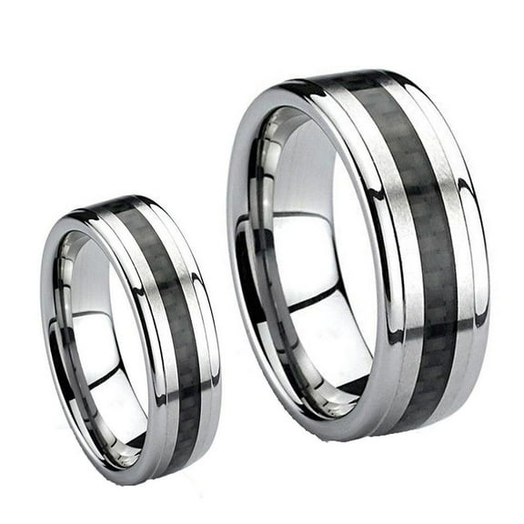 Matching Mens and Ladies Black Carbon Fiber Inlay Tungsten Carbide Wedding Band Ring Set