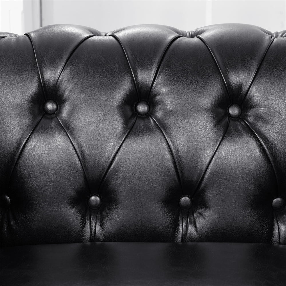 Chesterfield Luxury Leather 1 Seater Single Sofa Couch, Mid-Century Modern Couch Sofa with Removable Cushions and Rubber Wood Legs for Living Room Bedroom Apartment Black