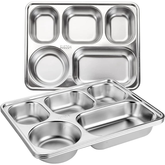 YSTDHL 3 Pack Stainless Steel Rectangular Divided Plates Tray, 5 Sections Dinner Plates for Adults,Kids, Picky Eaters, Campers, and Portion Control