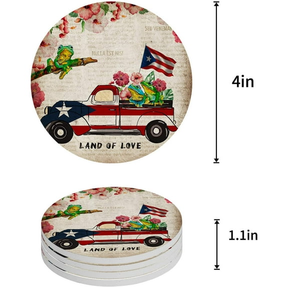 ZHANZZK Puerto Rico Truck with Hibiscus Frog Retro Newspaper Set of 4 Round Coaster for Drinks, Absorbent Ceramic Stone Coasters Cup Mat with Cork Base for Home Kitchen Room Coffee Table Bar Decor