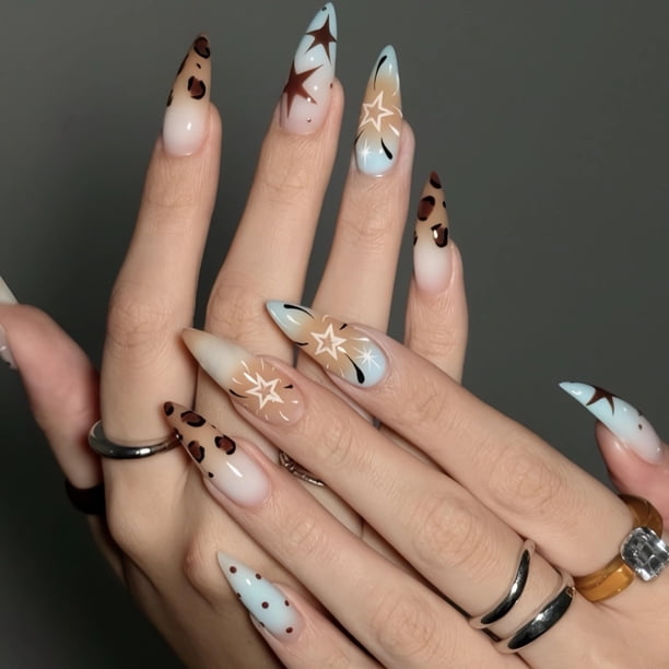 Uñas postizas adhesivas BABALAL largas estilo stiletto marrón con estampado de leopardo y estrella