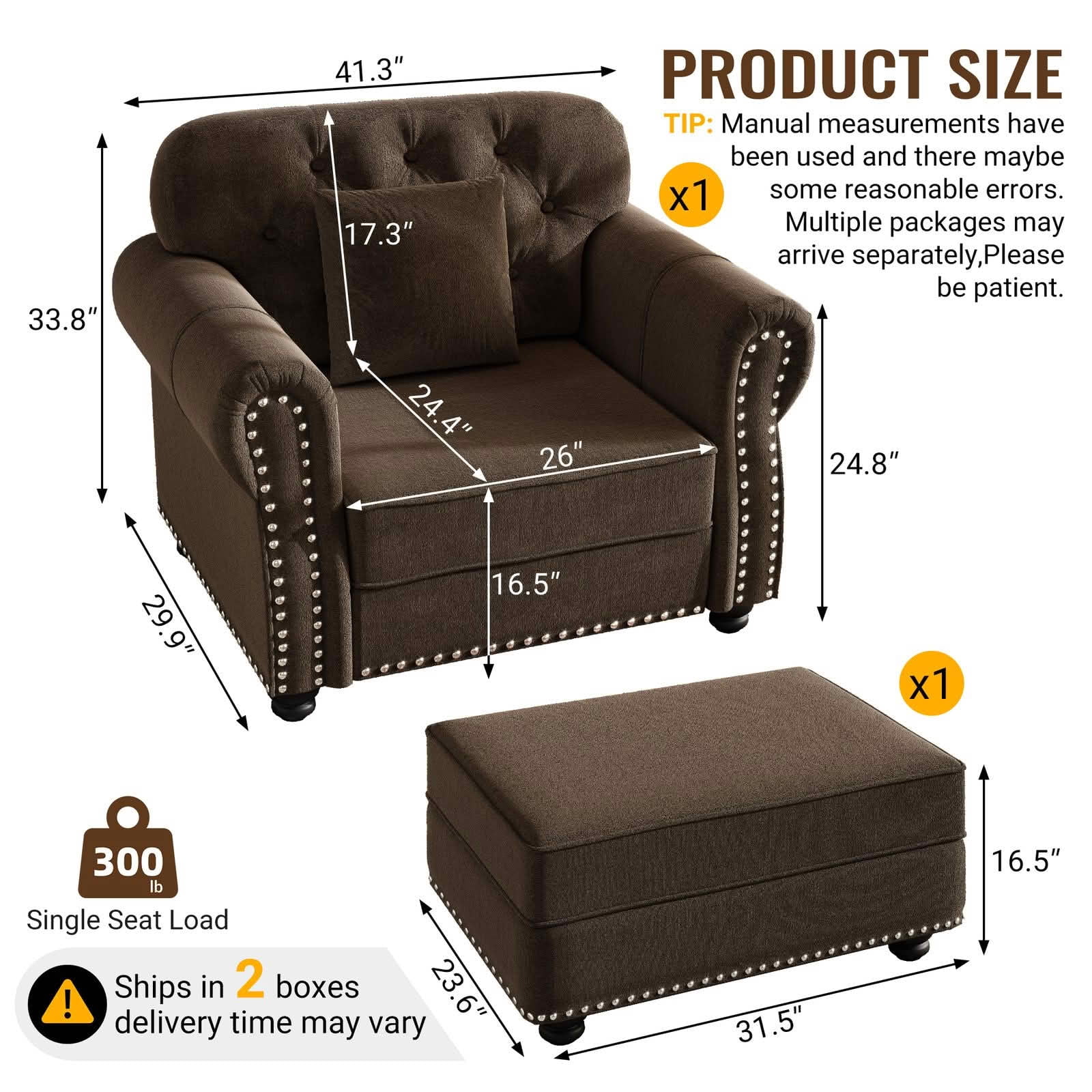 MAYEERTY Velvet Chesterfield Single Seat Sofa, Mid‑Century Modern Couch with Button Tufting, Nailhead Trim and Rolled Armrests, Includes 1 Pillow for Home Living Room