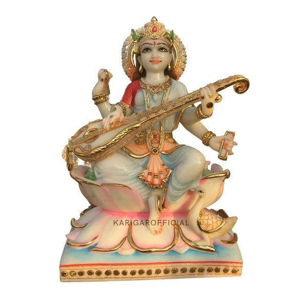 Saraswati Statue, Large 15 inches Saraswati Idol, Gold Leaf Work White Marble Multicolor Saraswati Murti, Hindu Goddess of Music Arts Speech, Home School Office Pooja Housewarming Gifts Sculpture