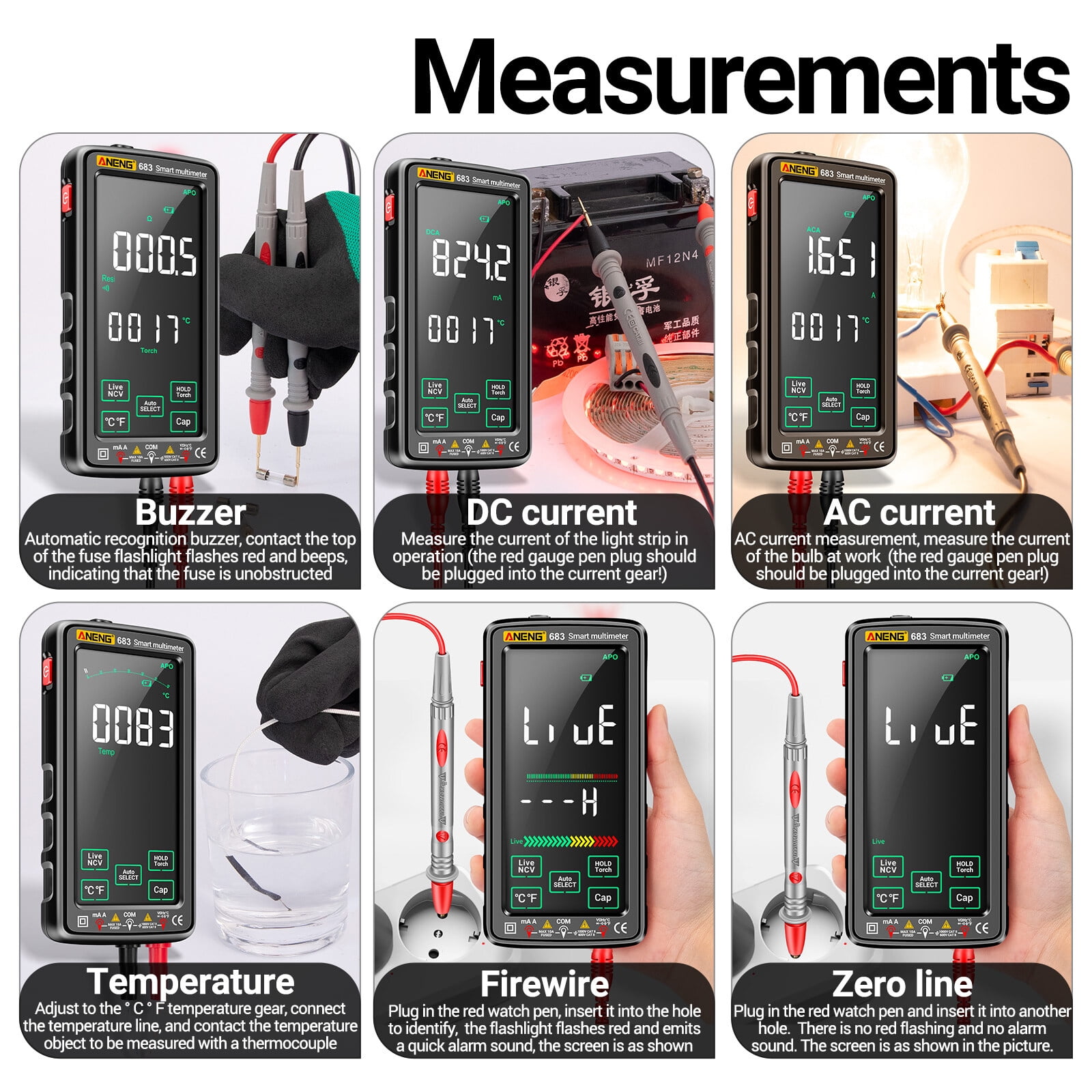 ANENG 683 6000 Counts Large Touch Screen Digital Multimeter Smart Anti-burn Rechargeable Universal Meter VA Reverse Display NCV Tester with Flashlight for Voltage Current Resistance Capacitance
