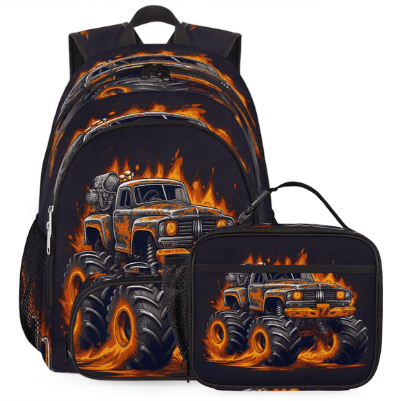 Herdesigns Fiery Monster Car Large Backpack Set with Lunch Box Lightweight Water Resistant Travel Laptop Backpacks Casual Daypacks for Women Men