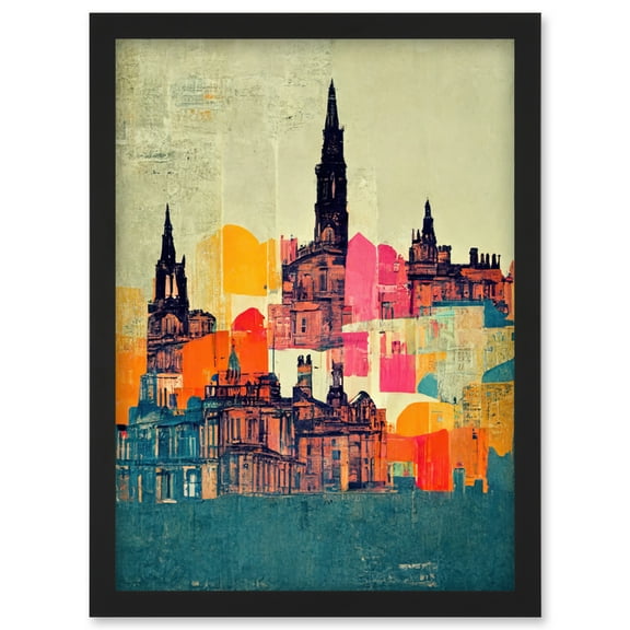 Boho Abstract Multi Coloured Cityscape Skyline Painting Folk Art Artwork Framed Wall Art Print A4
