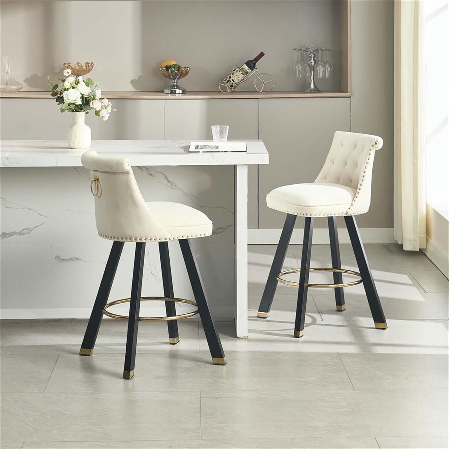 Demi Bonn 35" Counter Height Bar Stools Set of 2, Velvet Swivel Barstools with Back Pull Loop Detachable, Kitchen Island Countertop Chairs for Dining Room, Beige