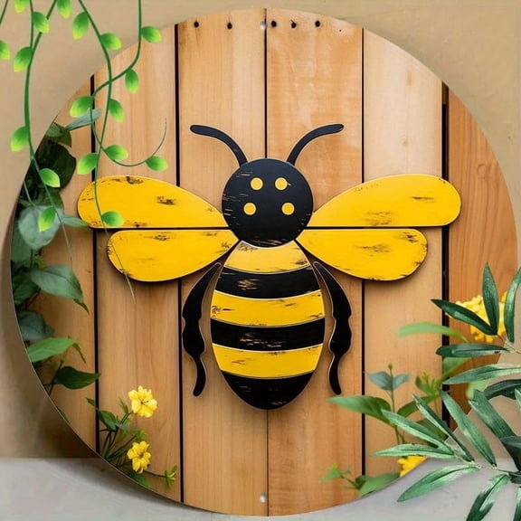 Round Bee Wall Art, 8 x 8 Inch Aluminum Outdoor Sign, Weather-Resistant Pre-Drilled Metal Decor for Home, Patio, Office and Coffee Shop, 1 Piece