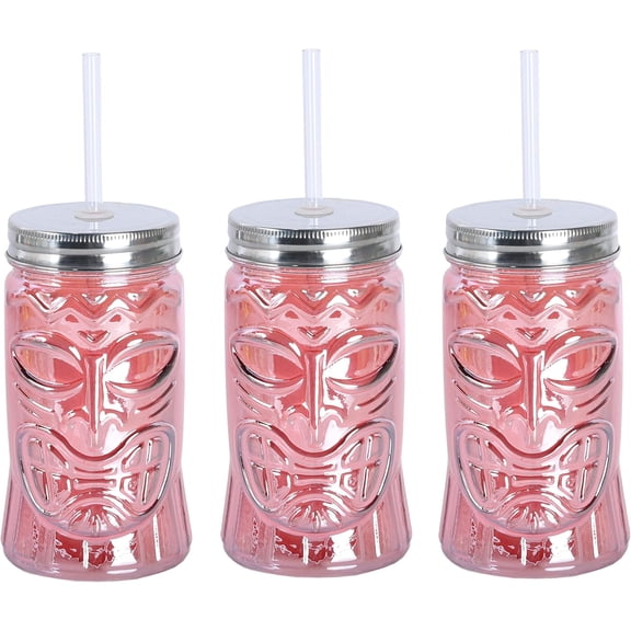 Beach Theme and Tropical Luau Party Glass Toucan Bird and Tiki Pole Mason Jar Cups Set of 3