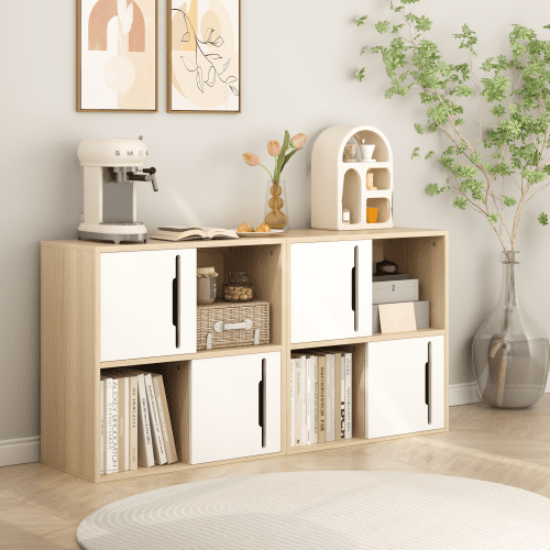 Modern Wooden Storage Cabinet with Sliding Doors Scandinavian 2-Tier Open Closed Shelves Organizer for Living Room Bedroom, Natural   White