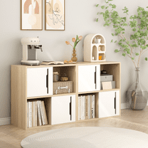Modern Wooden Storage Cabinet with Sliding Doors Scandinavian 2-Tier Open Closed Shelves Organizer for Living Room Bedroom, Natural White