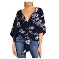 thumbnail image 3 of Women Blouses Loose Fit Batwing V Neck Tie Front Short Sleeve Floral Plus Size Shirts Navy Summer Gym Blouse XL, 3 of 3